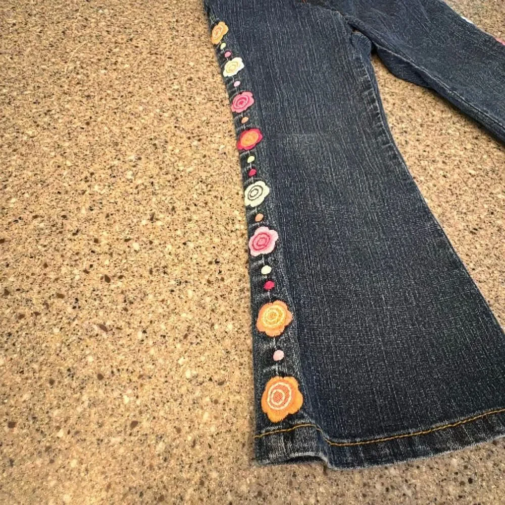 GYMBOREE Vintage Girls Bootcut Flare Jeans Floral Embroidered 2006